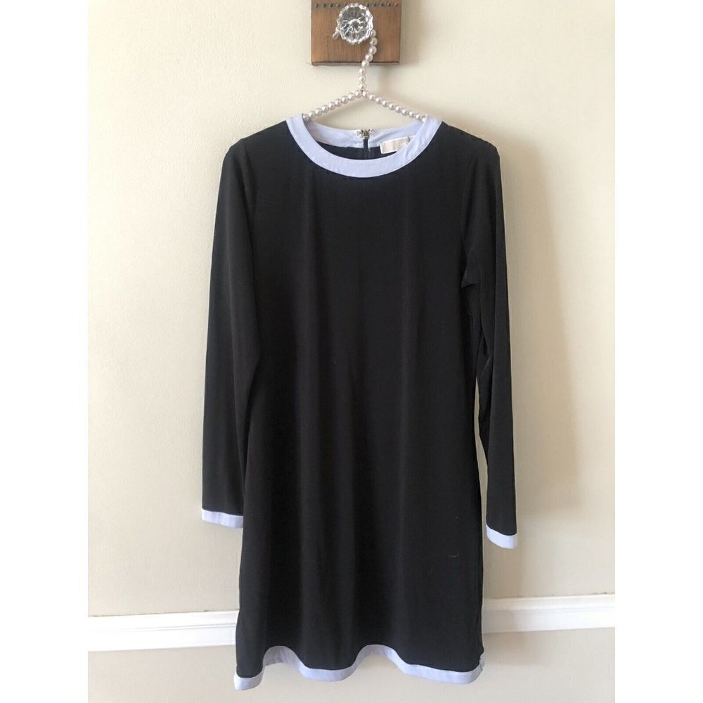 Michael Kors Womens Size Small Black Shift Dress Gray Trim Long Sleeve